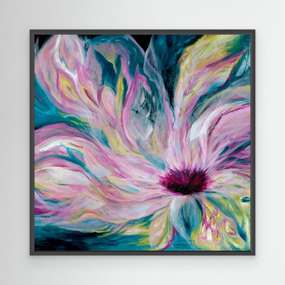 'Untamed' - abstract art celebrating darkness and light coexisting, teal pink canvas for bedroom living room walls.