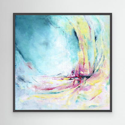'Caribbean Blue' - Framed summer artwork abstract canvas print in vibrant teal and pink, bold joyful wall art.