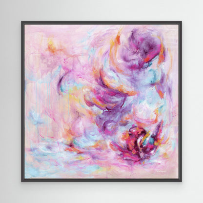 'Choose Joy' - Uplifting wall art in bright vivid pink and warm peach tones — colourful abstract art pink canvas with free expressive brushwork and luminous light, by Kate Shephard Art.