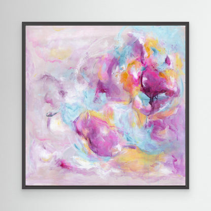 'Joy Looks Good On You' - An expressive colourful art print in vivid pink and soft blue — abstract artwork on canvas painted with deliberate energy and free brushstrokes, by Kate Shephard Art.