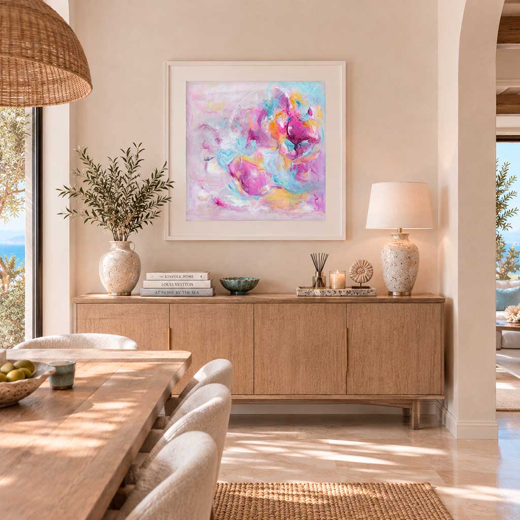 'Joy Looks Good On You' - A bright wall art positive print in vivid pink and luminous white — empowering art about joy full of joyful movement and energy, by Kate Shephard Art.