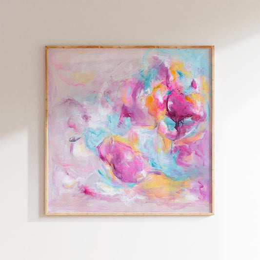 'Joy Looks Good On You' - Empowering art about joy in vivid pink, soft blue and warm peach — bright wall art positive print on luxurious 230gsm archival fine art paper, by Kate Shephard Art.