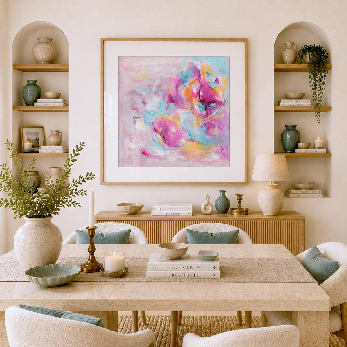 'Joy Looks Good On You' - Bright wall art positive print in vivid pink, soft blue and warm peach — empowering art about joy with free expressive brushwork, by Kate Shephard Art.