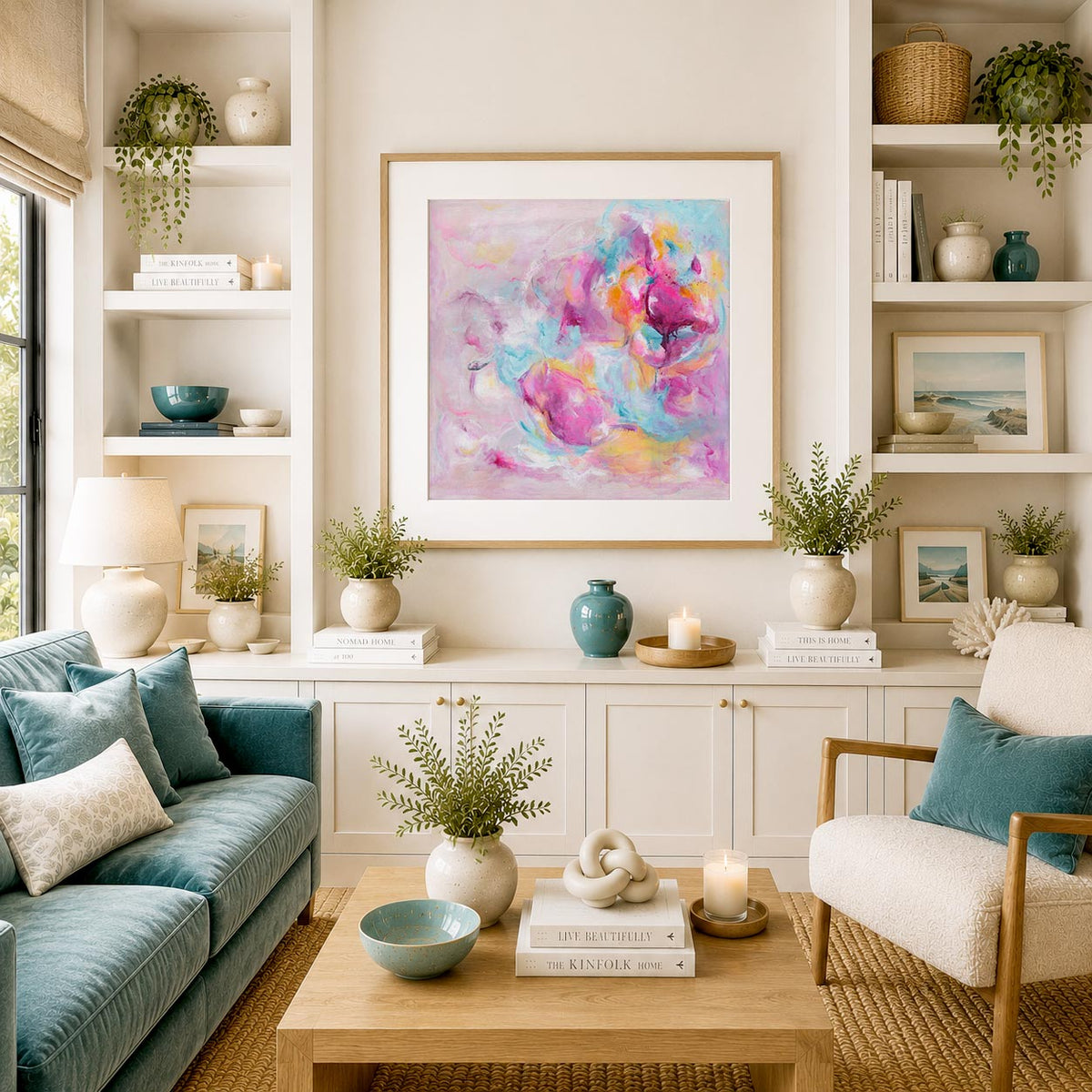 'Joy Looks Good On You' - A positive print in bright vivid pink and luminous white — empowering art about joy and bright wall art from the Joy by Design collection, by Kate Shephard Art.