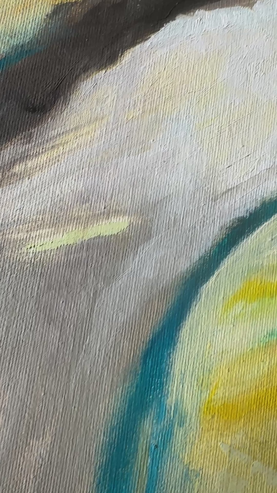 'Leap of Faith' - Close-up of an original oil painting in vibrant yellow and fresh green tones — green abstract art with meaning, float framed and ready to hang, by Kate Shephard Art.