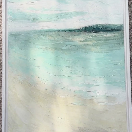'Bramble Bush Bay Shores' - unique oil painting of calm Dorset waters, framed coastal art for living rooms and bedrooms.