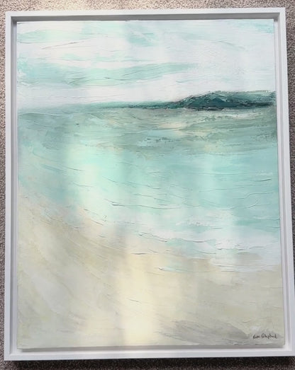'Bramble Bush Bay Shores' - unique oil painting of calm Dorset waters, framed coastal art for living rooms and bedrooms.