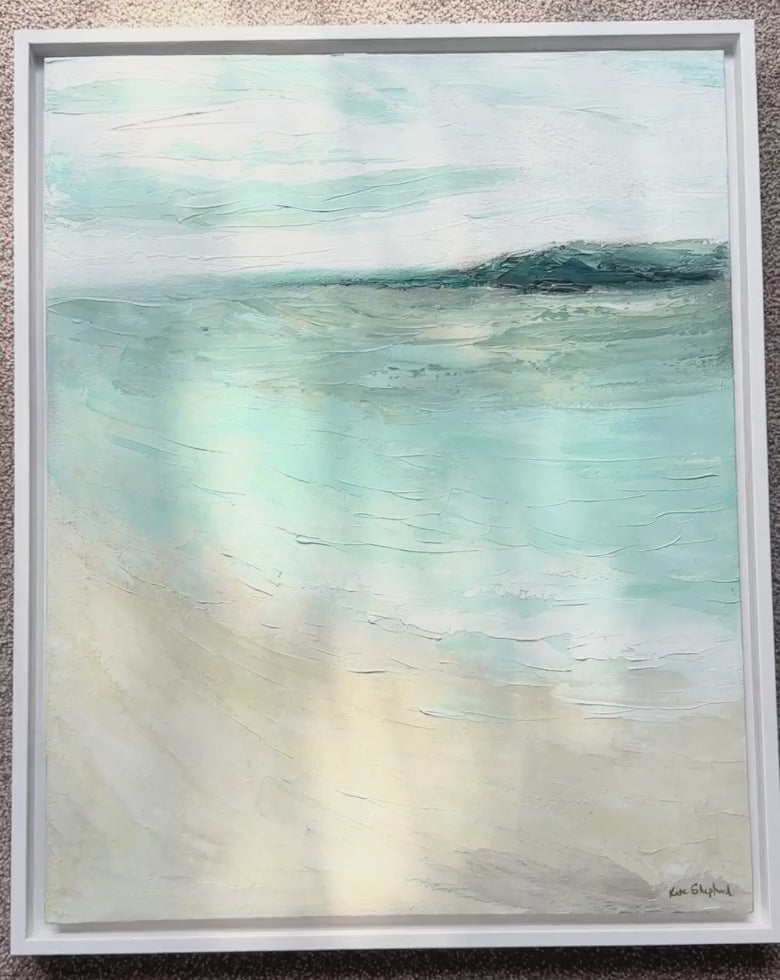 'Bramble Bush Bay Shores' - unique oil painting of calm Dorset waters, framed coastal art for living rooms and bedrooms.