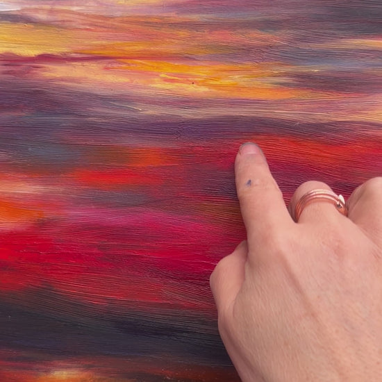 'Midnight Embers' - Original oil painting in layers of burning crimson, vivid orange, yellow and deep navy — dramatic sunset artwork painting for bold soulful contemporary interiors, by Kate Shephard Art.