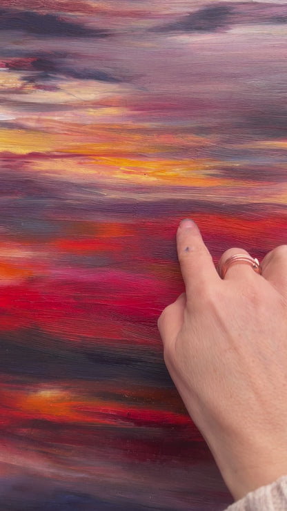 'Midnight Embers' - Original oil painting in layers of burning crimson, vivid orange, yellow and deep navy — dramatic sunset artwork painting for bold soulful contemporary interiors, by Kate Shephard Art.