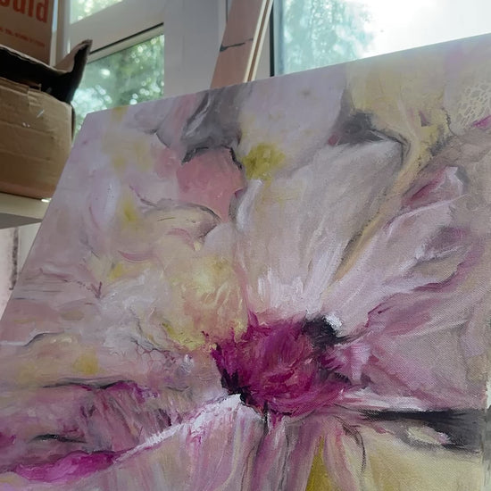 'Becoming' - A soft and luminous pink and yellow floral art painting — original abstract flower art in a white float frame, beautiful flower wall decor for living rooms and dining rooms, by Kate Shephard Art.