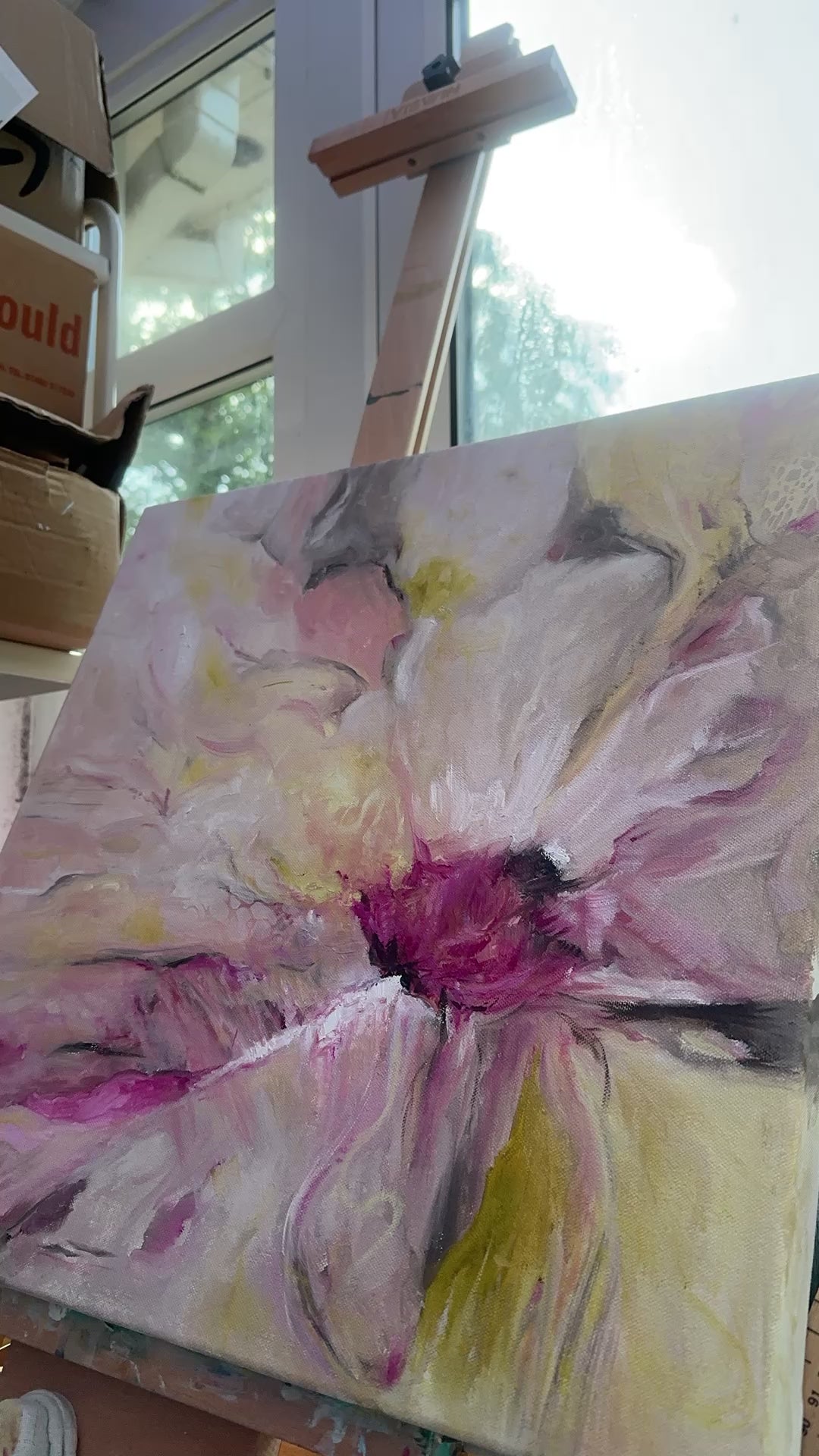 'Becoming' - A soft and luminous pink and yellow floral art painting — original abstract flower art in a white float frame, beautiful flower wall decor for living rooms and dining rooms, by Kate Shephard Art.