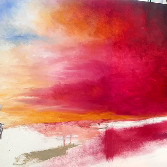 'Breaking Through' - Striking original oil painting of a fiery evening sky over Poole Harbour, Dorset — bold reds, warm yellows and luminous whites captured with expressive, layered brushwork, by Kate Shephard Art.