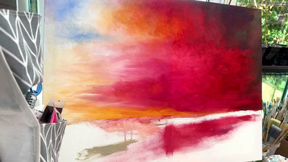 'Breaking Through' - Striking original oil painting of a fiery evening sky over Poole Harbour, Dorset — bold reds, warm yellows and luminous whites captured with expressive, layered brushwork, by Kate Shephard Art.