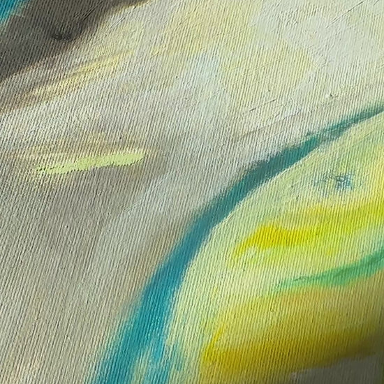 'Leap of Faith' - Close-up of an original oil painting in vibrant yellow and fresh green tones — green abstract art with meaning, float framed and ready to hang, by Kate Shephard Art.