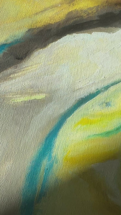 'Leap of Faith' - Close-up of an original oil painting in vibrant yellow and fresh green tones — green abstract art with meaning, float framed and ready to hang, by Kate Shephard Art.