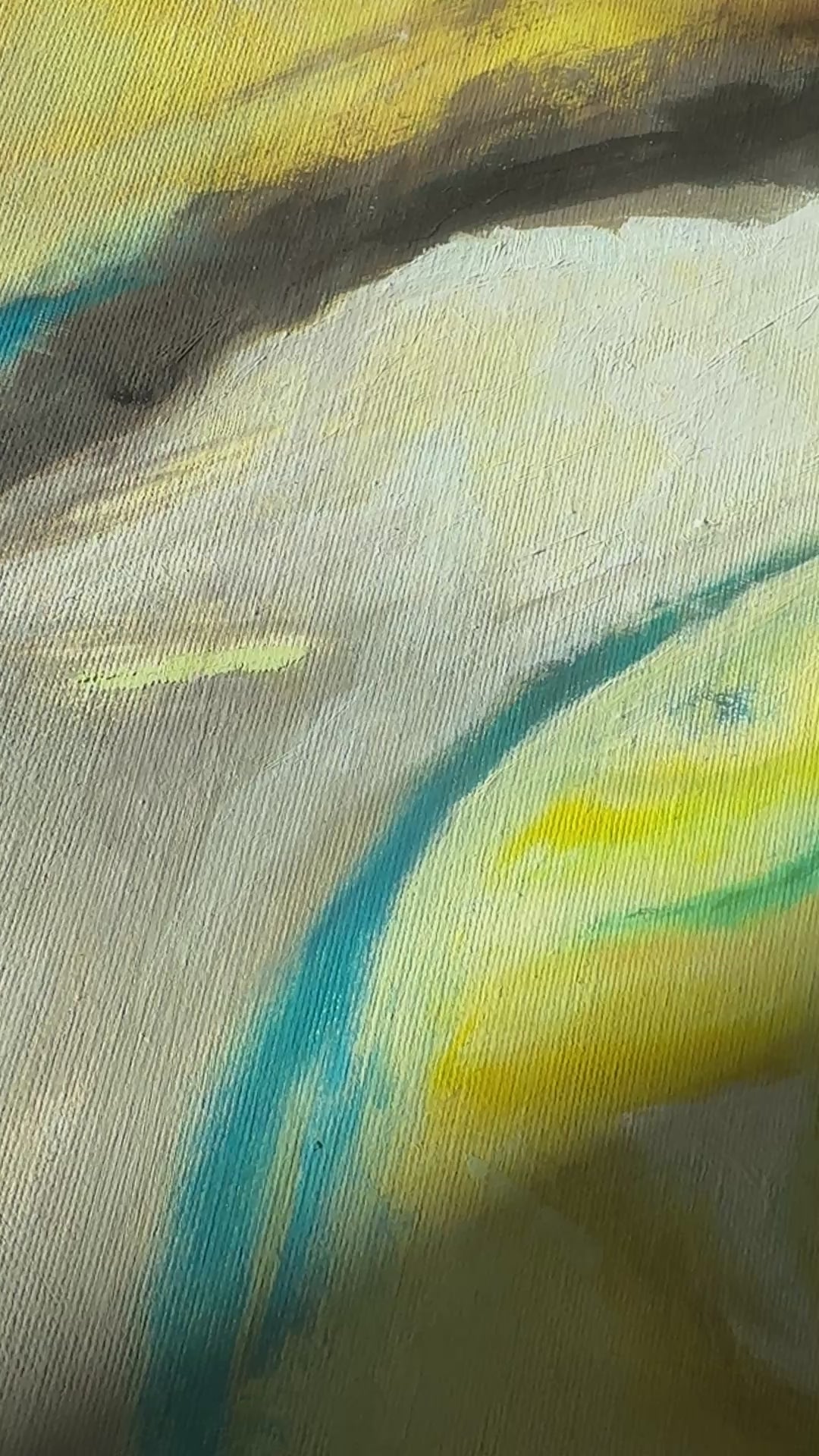 'Leap of Faith' - Close-up of an original oil painting in vibrant yellow and fresh green tones — green abstract art with meaning, float framed and ready to hang, by Kate Shephard Art.