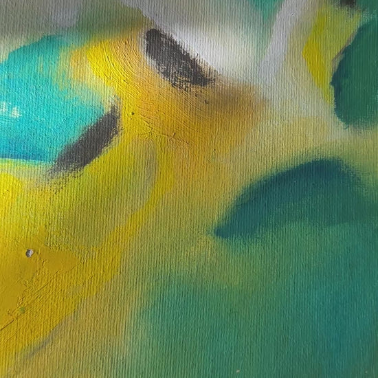 'Leap of Faith' - Close-up of an original oil painting in vibrant yellow and fresh green tones — green abstract art with meaning, float framed and ready to hang, by Kate Shephard Art.