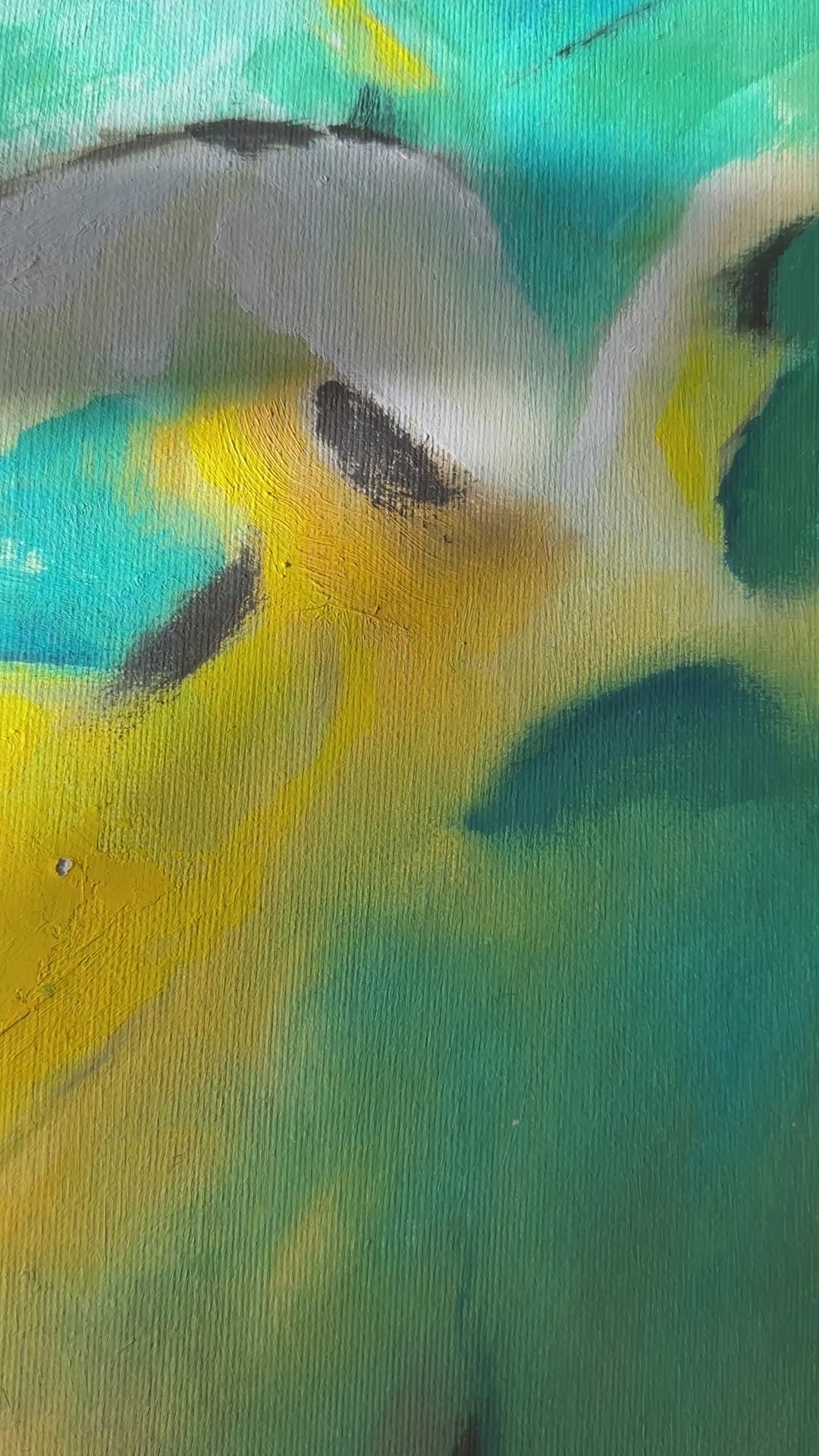 'Leap of Faith' - Close-up of an original oil painting in vibrant yellow and fresh green tones — green abstract art with meaning, float framed and ready to hang, by Kate Shephard Art.
