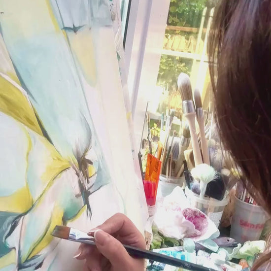 ‘Whispers of Midwinter’ – calming blue and yellow artwork inspired by frosted winter mornings.