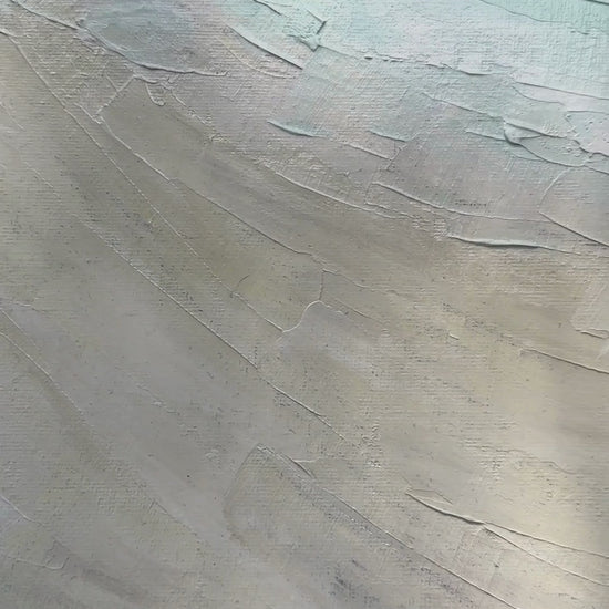 'Bramble Bush Bay Shores' - hand-painted original with sandy tones and duck egg blue, white float frame for bedrooms.