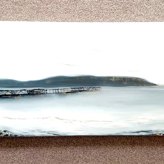 'The Shimmering Pier' - Panoramic original oil painting of Swanage Bay with Purbeck Hills in the distance, Dorset artwork.