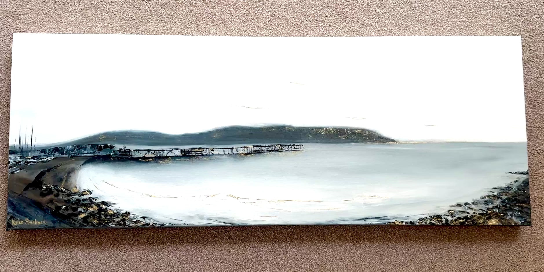 'The Shimmering Pier' - Panoramic original oil painting of Swanage Bay with Purbeck Hills in the distance, Dorset artwork.