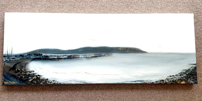 'The Shimmering Pier' - Panoramic original oil painting of Swanage Bay with Purbeck Hills in the distance, Dorset artwork.