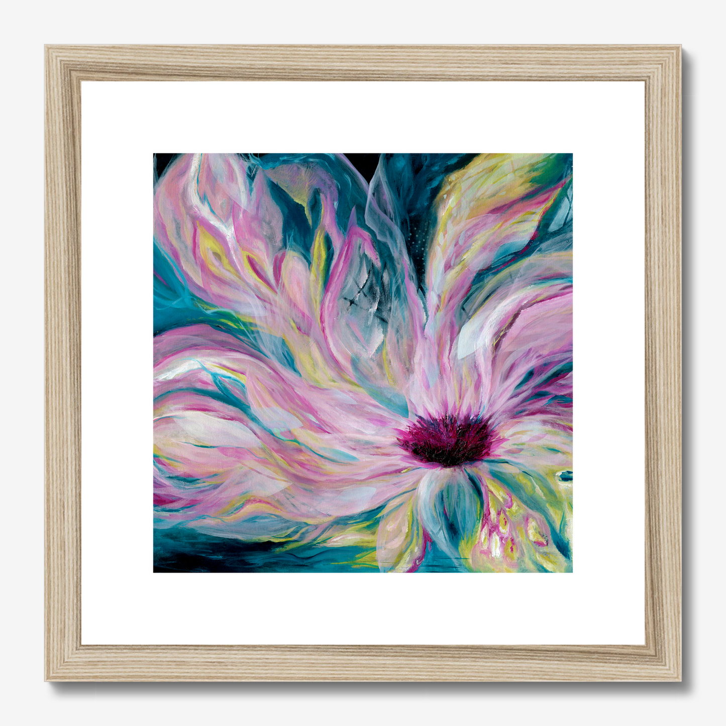 'Untamed' - moody yet vibrant floral print with ethereal chiffon-like quality, teal pink paper art for living rooms.
