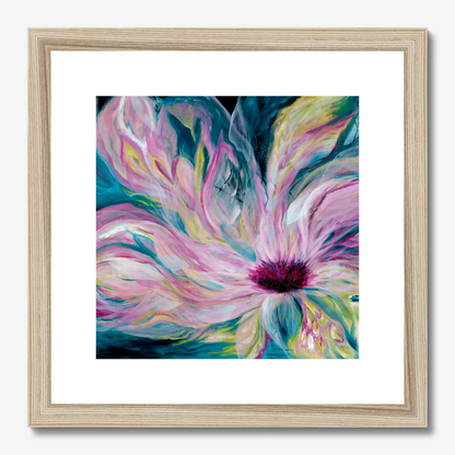 'Untamed' - moody yet vibrant floral print with ethereal chiffon-like quality, teal pink paper art for living rooms.