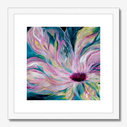 'Untamed' - abstract art celebrating authenticity, dark teal background with pink light bursting through for bedrooms.