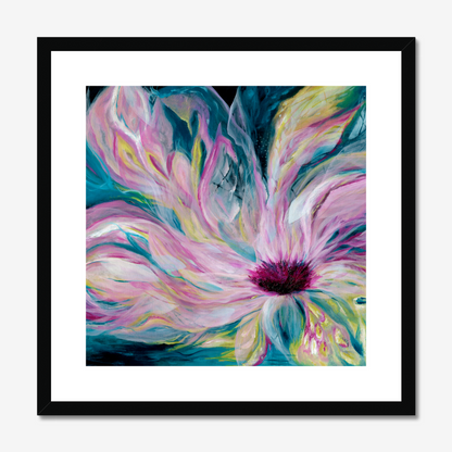'Untamed' - expressive floral print with deep blues and fierce turquoise pink energy, unapologetic wall art.