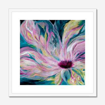 'Untamed' - abstract floral art print with dark teal background and vibrant pink bursting through for authentic bedroom decor.