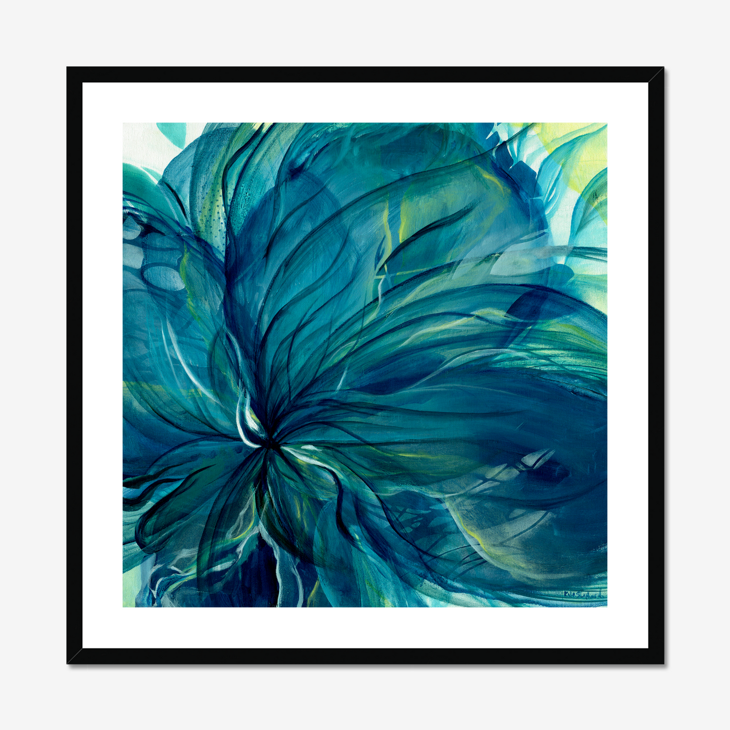 Dancing in the Depths abstract floral paper print with deep blue hues and textured brushstrokes for modern home decor