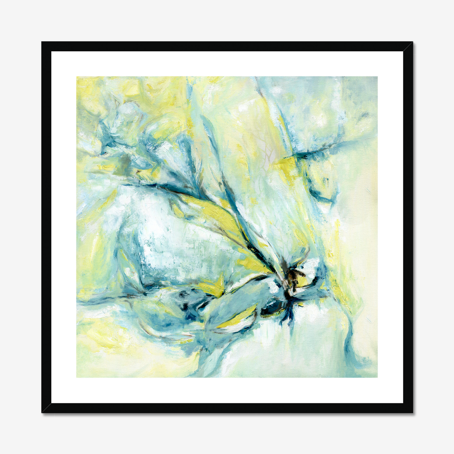 ‘Whispers of Midwinter’ – snow-inspired abstract print with blended blue, green and yellow tones.