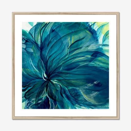 Rich blue botanical abstract art print with expressive layered petals and dynamic movement for calming interiors