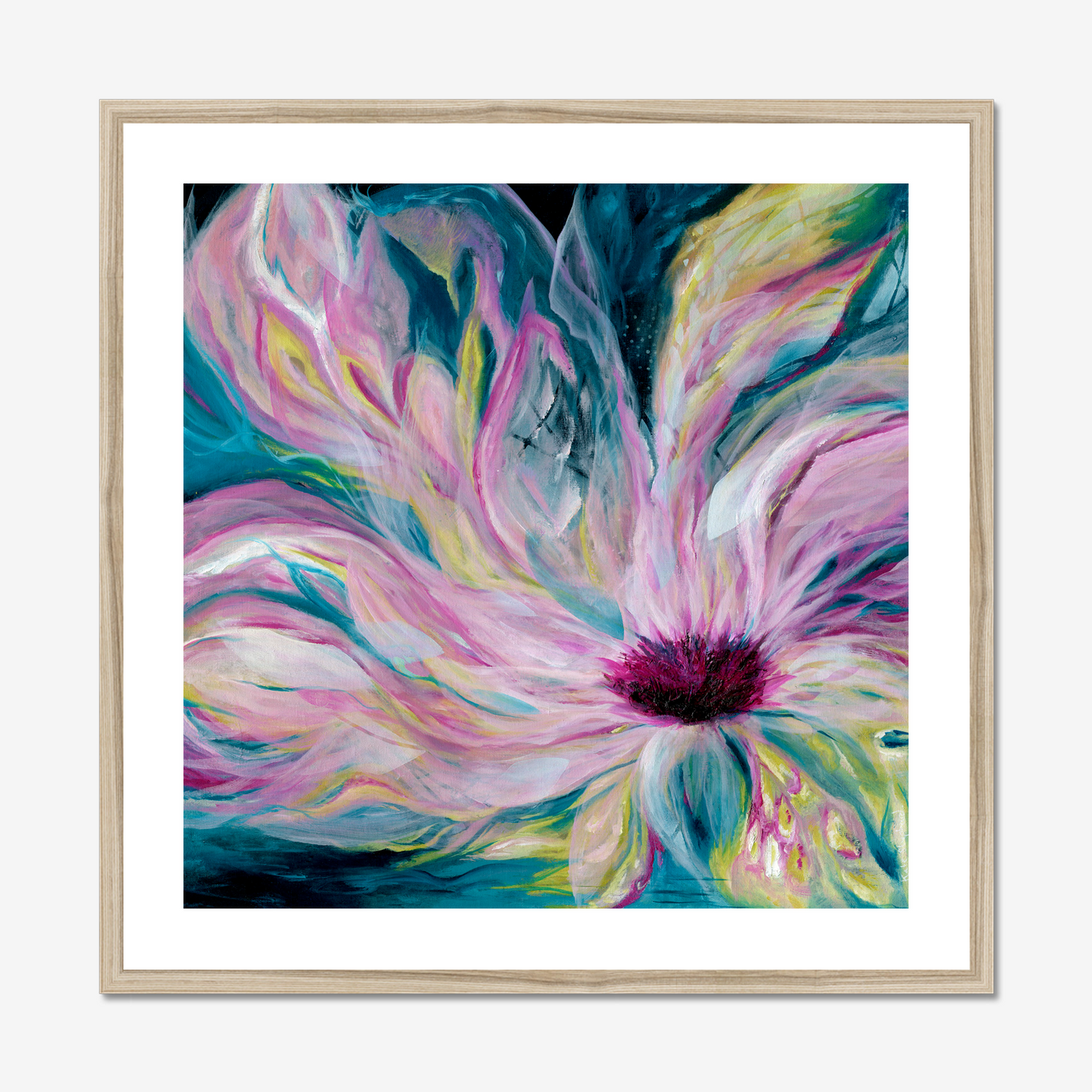 'Untamed' - contemporary abstract with wave-like brushwork, teal blues and pinks for bedroom living room walls.