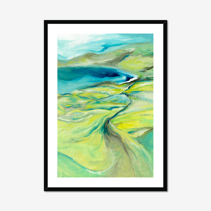 'Along the Worbarrow Path' - Abstract coastal landscape art print with turquoise sea and green paths.