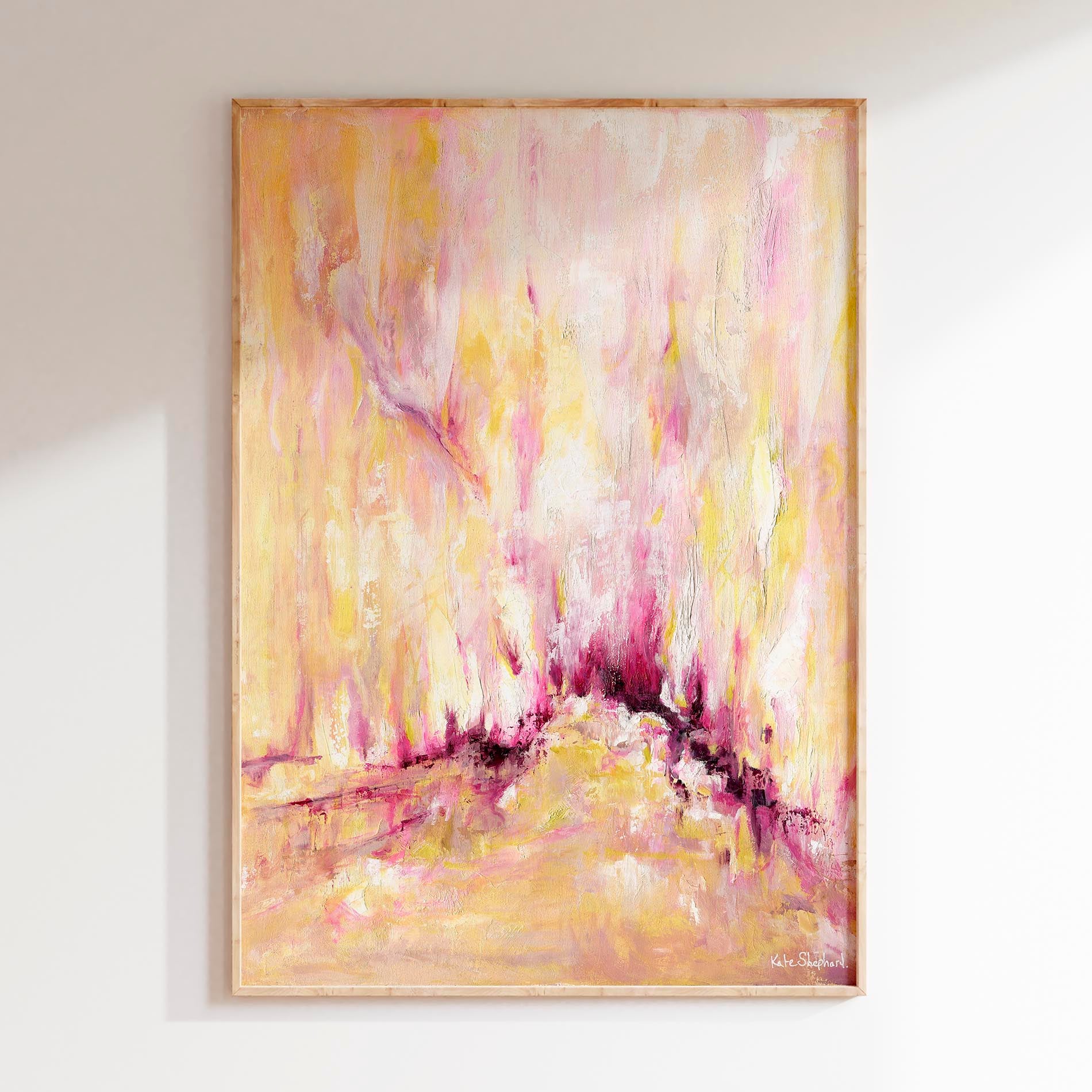 'Rising' - A luminous abstract canvas print in warm golden yellow, soft blush pink and deep burgundy magenta — expressive oil painting full of upward energy an…'Rising' - A luminous abstract canvas print in warm golden yellow, soft blush pink and deep burgundy magenta — expressive oil painting full of upward energy and quiet hopefulness, a reminder that rising is always possible, by Kate Shephard Art.