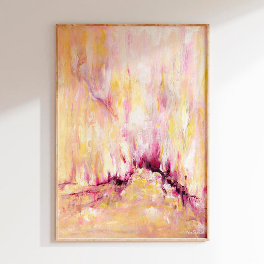 'Rising' - A luminous abstract canvas print in warm golden yellow, soft blush pink and deep burgundy magenta — expressive oil painting full of upward energy an…'Rising' - A luminous abstract canvas print in warm golden yellow, soft blush pink and deep burgundy magenta — expressive oil painting full of upward energy and quiet hopefulness, a reminder that rising is always possible, by Kate Shephard Art.