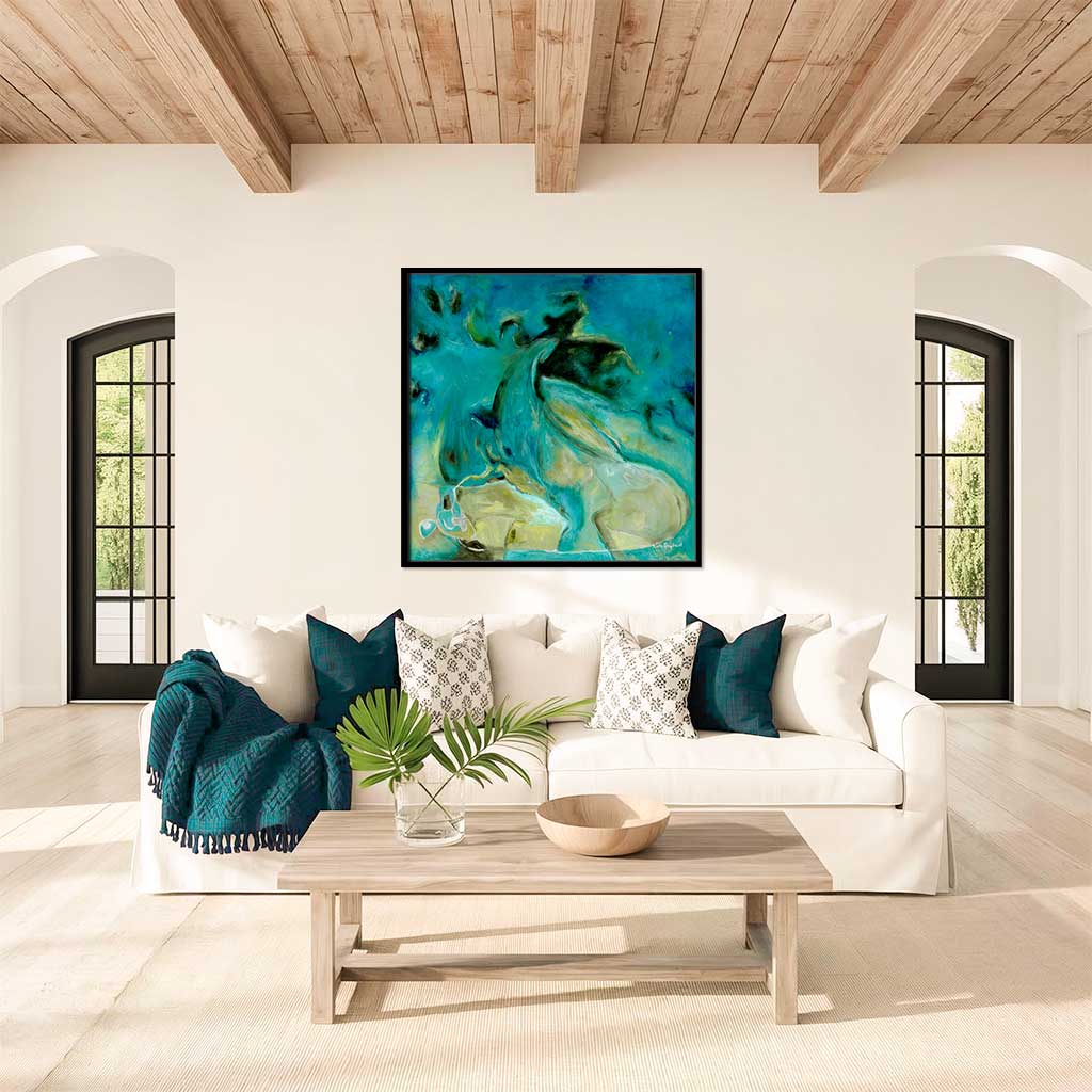 'Courage to Grow' - Seascape abstract art canvas print hung on a white wall, rich teal turquoise and sandy cream teal home decor.