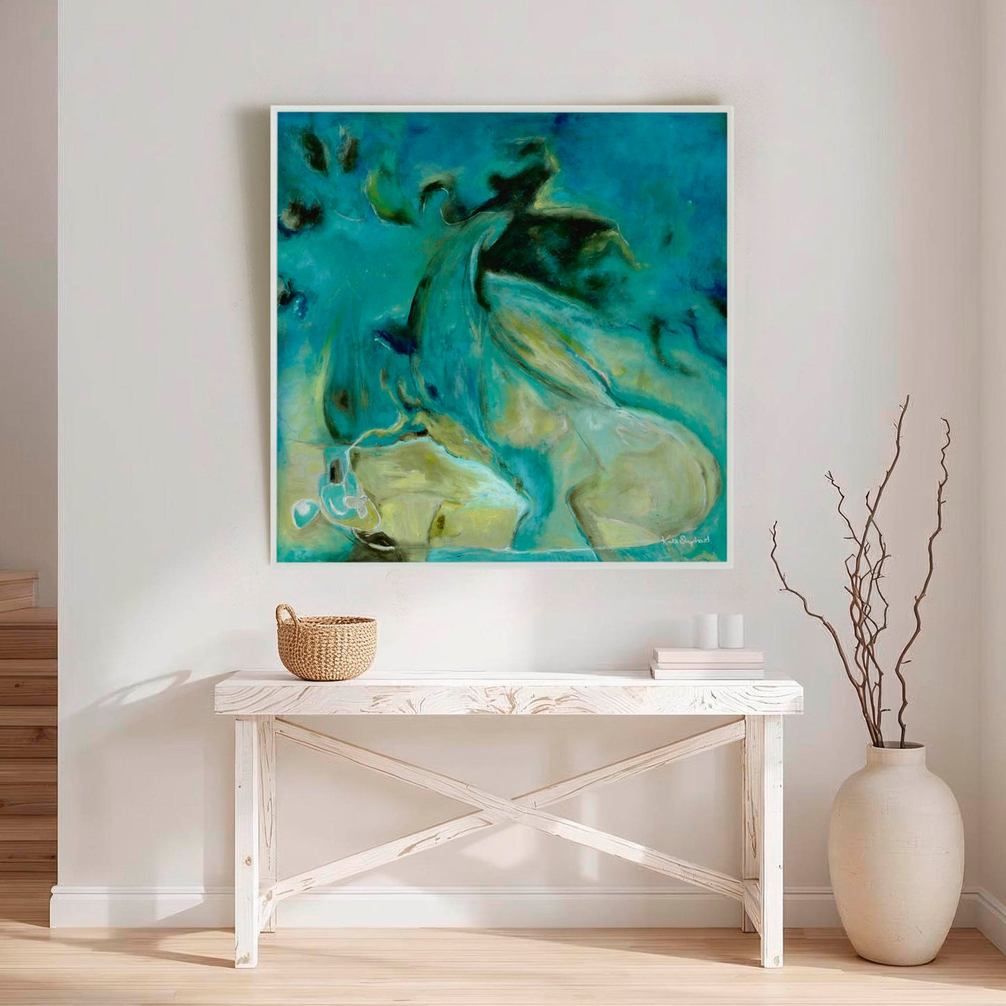 'Courage to Grow' - Abstract ocean art in rich teal and turquoise tones displayed in a contemporary living room, wall art in teal teal home decor.
