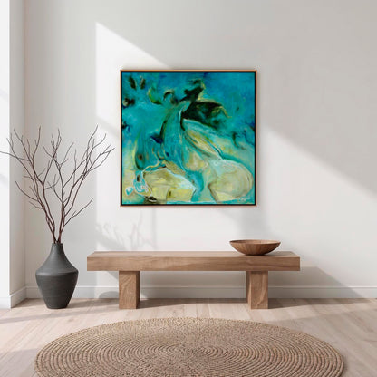 'Courage to Grow' - Detail of layered mixed media in rich teal and dark brown reef forms, seascape abstract art abstract ocean art canvas print.