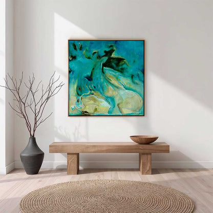 'Courage to Grow' - Detail of layered mixed media in rich teal and dark brown reef forms, seascape abstract art abstract ocean art canvas print.