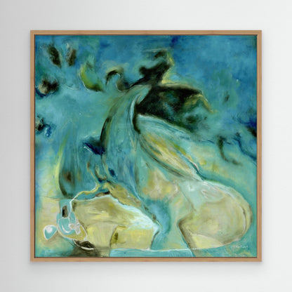 'Courage to Grow' - Framed wall art in teal in white frame, rich turquoise and sandy cream abstract ocean art teal home decor.