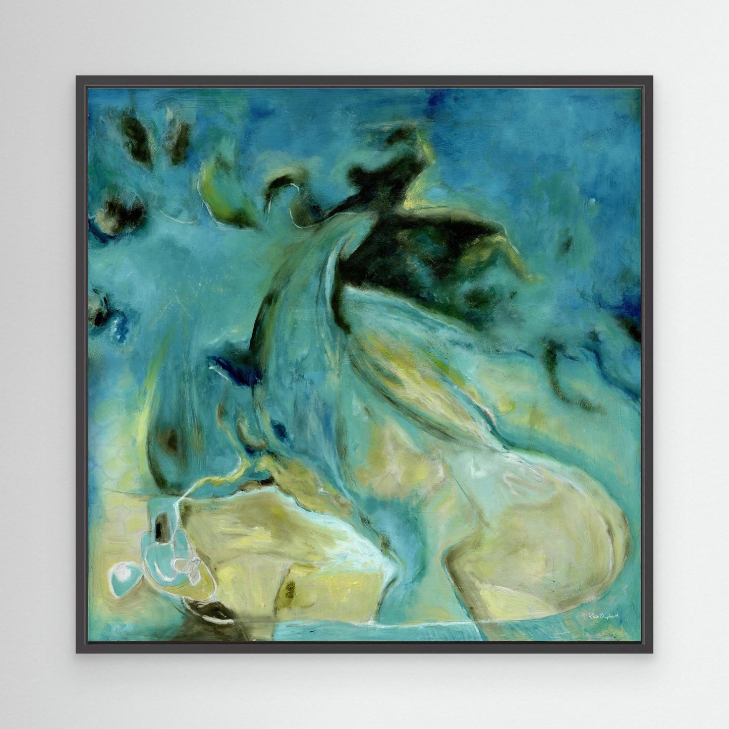 'Courage to Grow' - Square format seascape abstract art canvas in rich teal turquoise and warm sandy cream, abstract ocean art teal home decor.