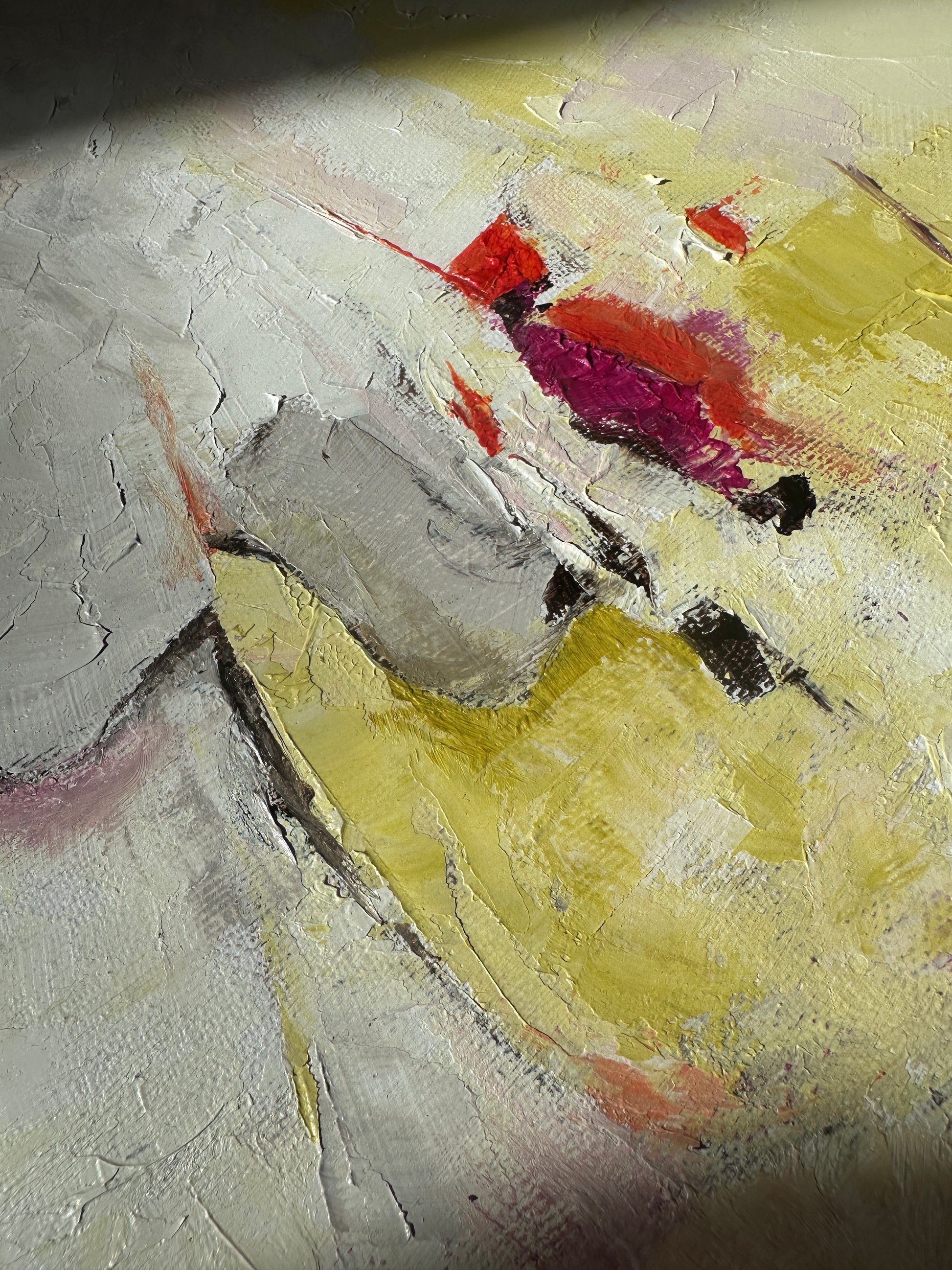 'Taking Flight' - Close-up of expressive oil paint brushwork in vibrant yellow, blue and green, hope art original artwork by Kate Shephard Art.