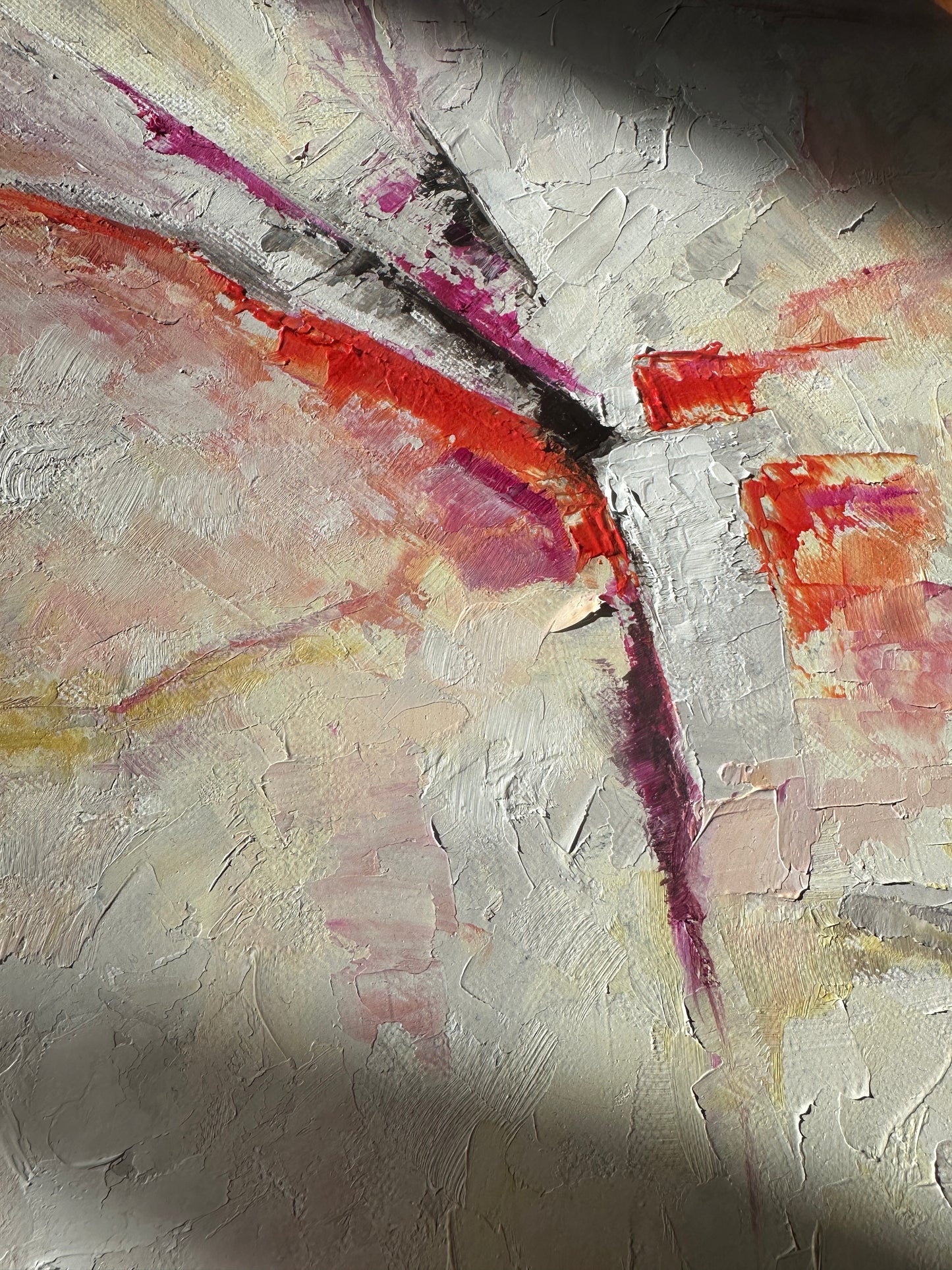 'Taking Flight' - Close-up of expressive oil paint brushwork in vibrant yellow, blue and green, hope art original artwork by Kate Shephard Art.