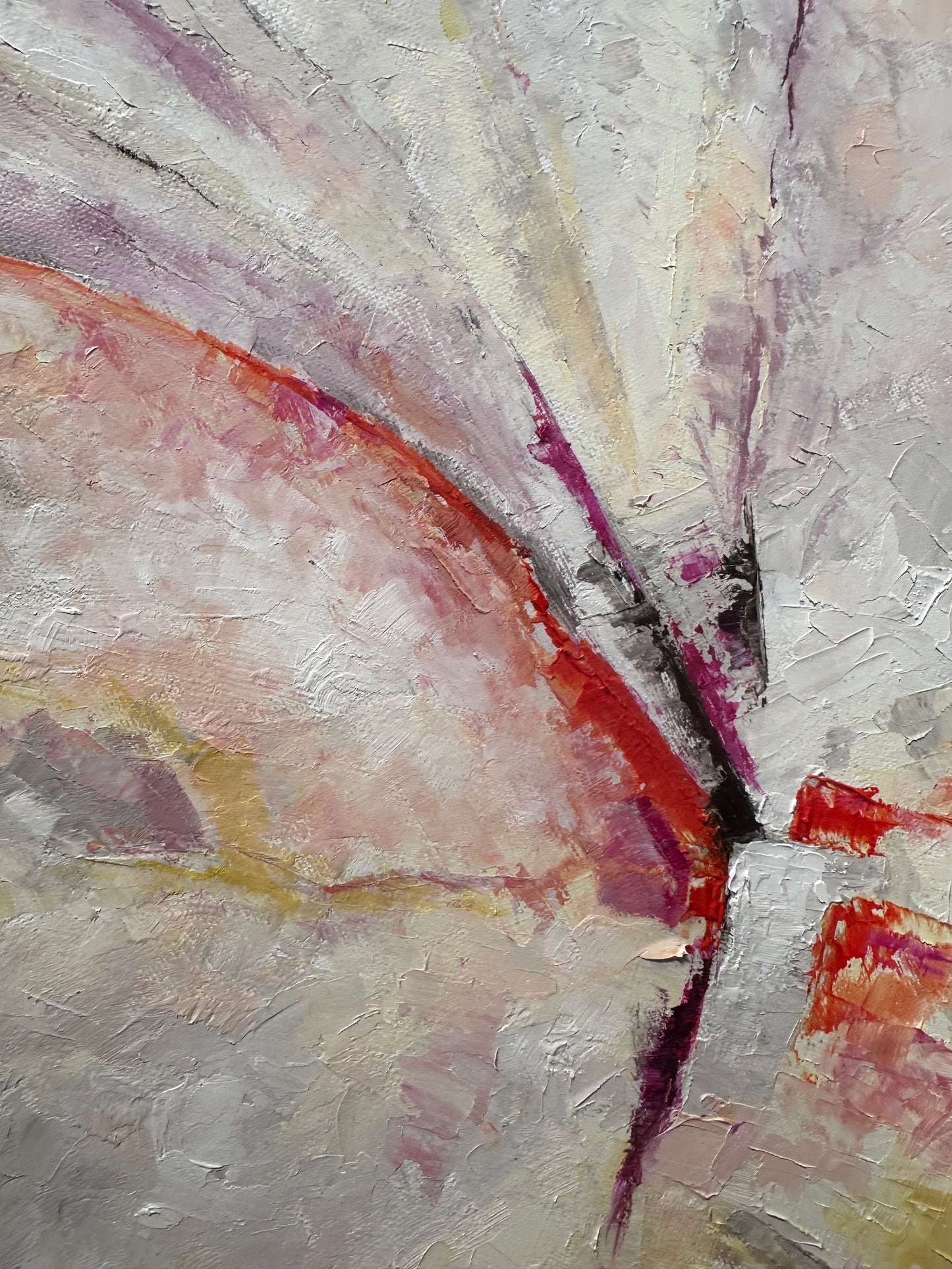'Taking Flight' - Close-up of expressive oil paint brushwork in vibrant yellow, blue and green, hope art original artwork by Kate Shephard Art.