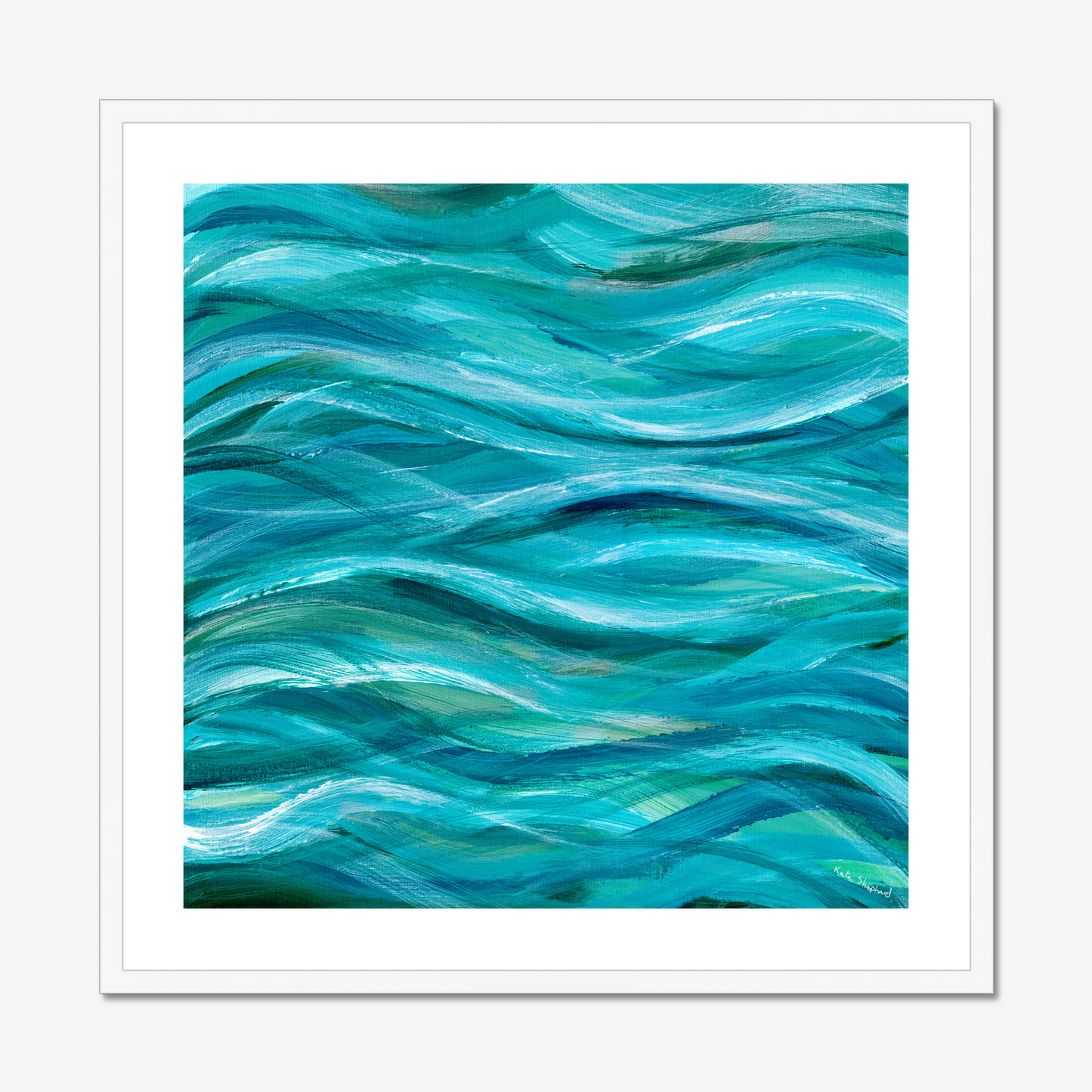  ‘The Sea Beneath Us Is Deep’ - Blue Waves Abstract Ocean Artwork Print in a white frame